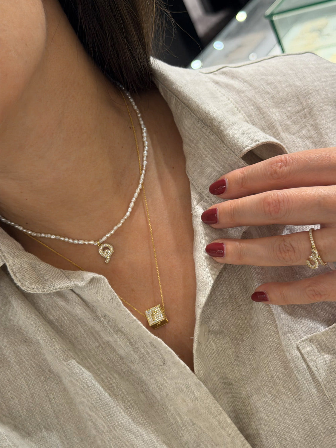 Ahrof Bubble Letter - Mini Diamond Pavé with Rice Pearl Necklace