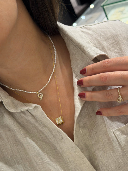 Ahrof Bubble Letter - Mini Diamond Pavé with Rice Pearl Necklace